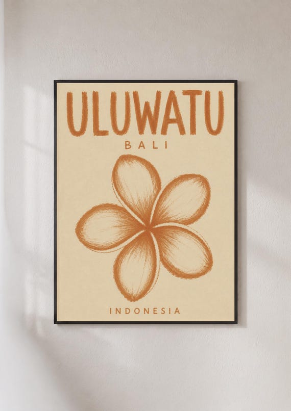 Uluwatu Bali Poster Indonesia Travel Print Plumeria Flower Wall Art Boho Surf Decor