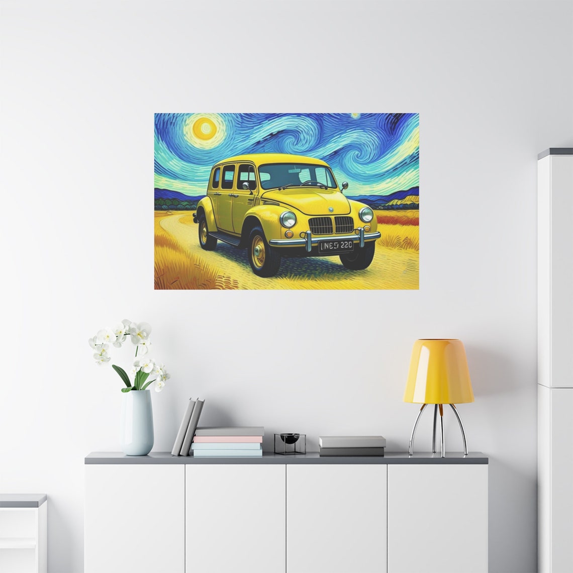 Van Gogh Style Painting Vintage Yellow Car Art Starry Night Inspired Wall Art Retro Car Print Classic Car Gift - Image 4
