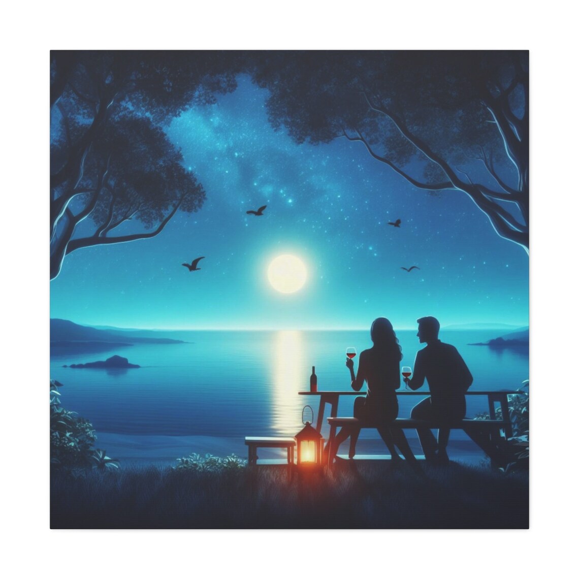 Romantic Couple Moonlit Sea Starry Night Seascape Night Poster - Image 2