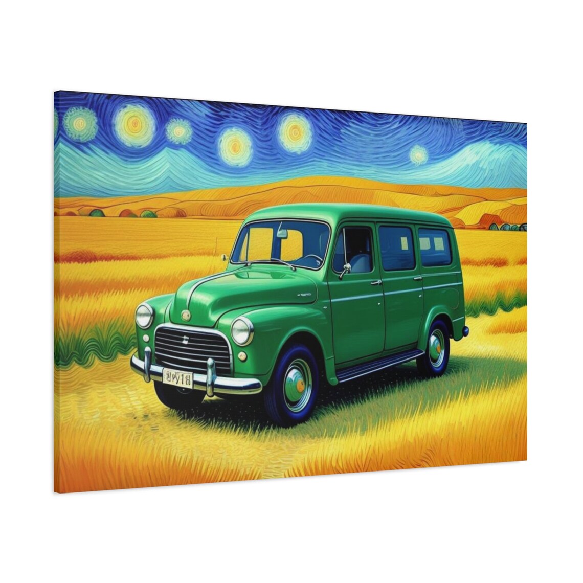 Vintage Green Van Starry Night Van Gogh Style Wheat Field Poster - Image 3