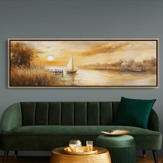 Golden Sunset Sailboat on Serene Lake Peaceful Nautical Landscape Poster