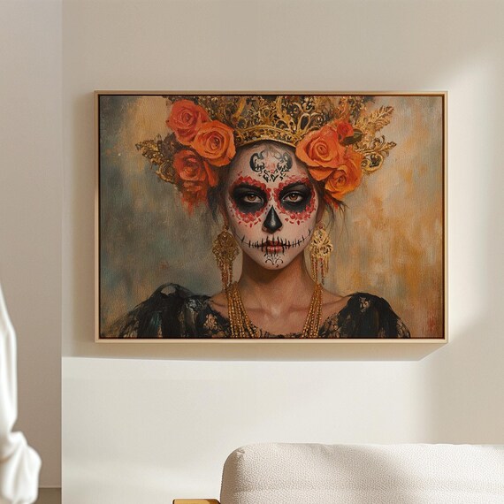 Dia De Los Muertos Woman Red Rose Crown Sugar Skull Art Poster