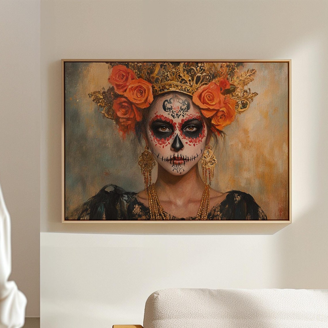 Elegant Dia De Los Muertos Woman With Floral Crown Mexican Sugar Skull Art Day Of The Dead Wall Decor Cultural Festival Art
