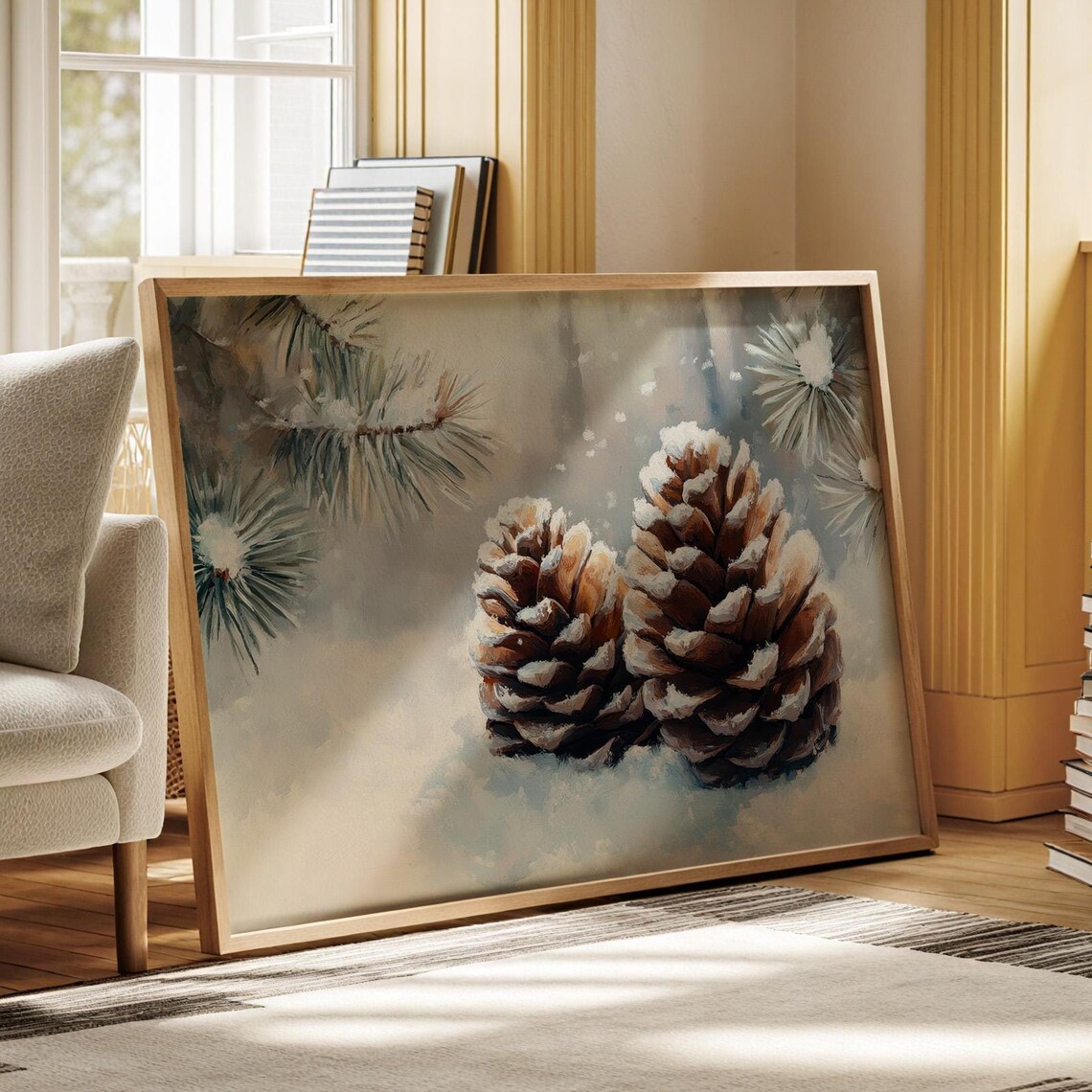 Snow Dusted Pine Cone Watercolor Winter Holiday Decor Wall Poster