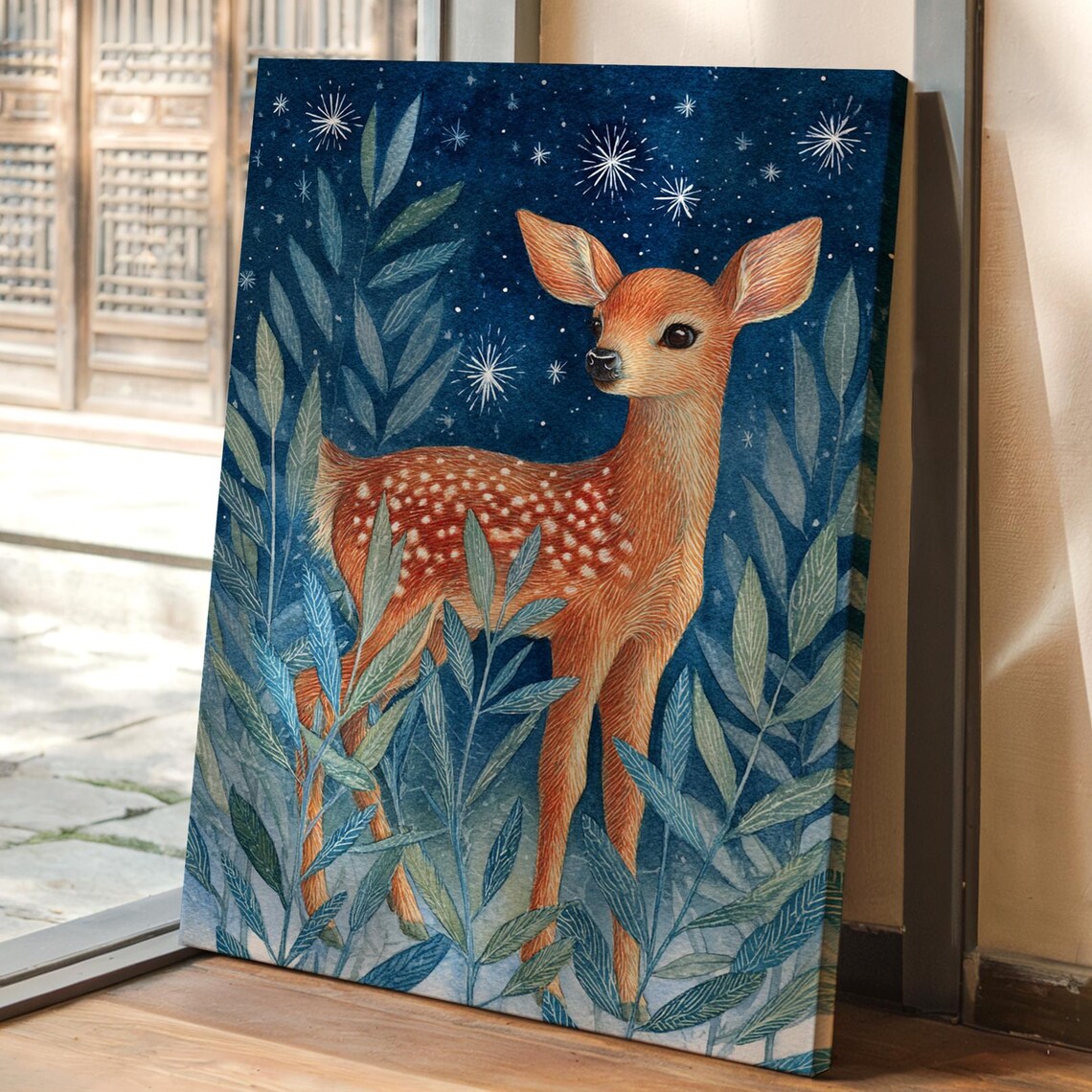 Fawn Under Starry Night Botanical Baby Deer Woodland Art Print