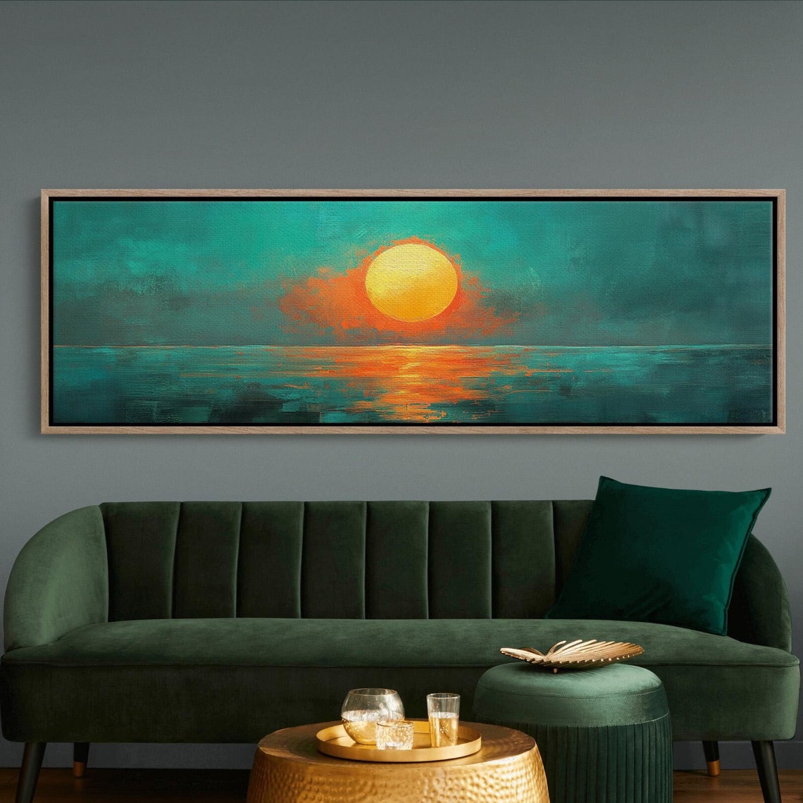 Bold Teal Abstract Sunset Ocean Large Orange Sun Modern Art Poster - Image 6