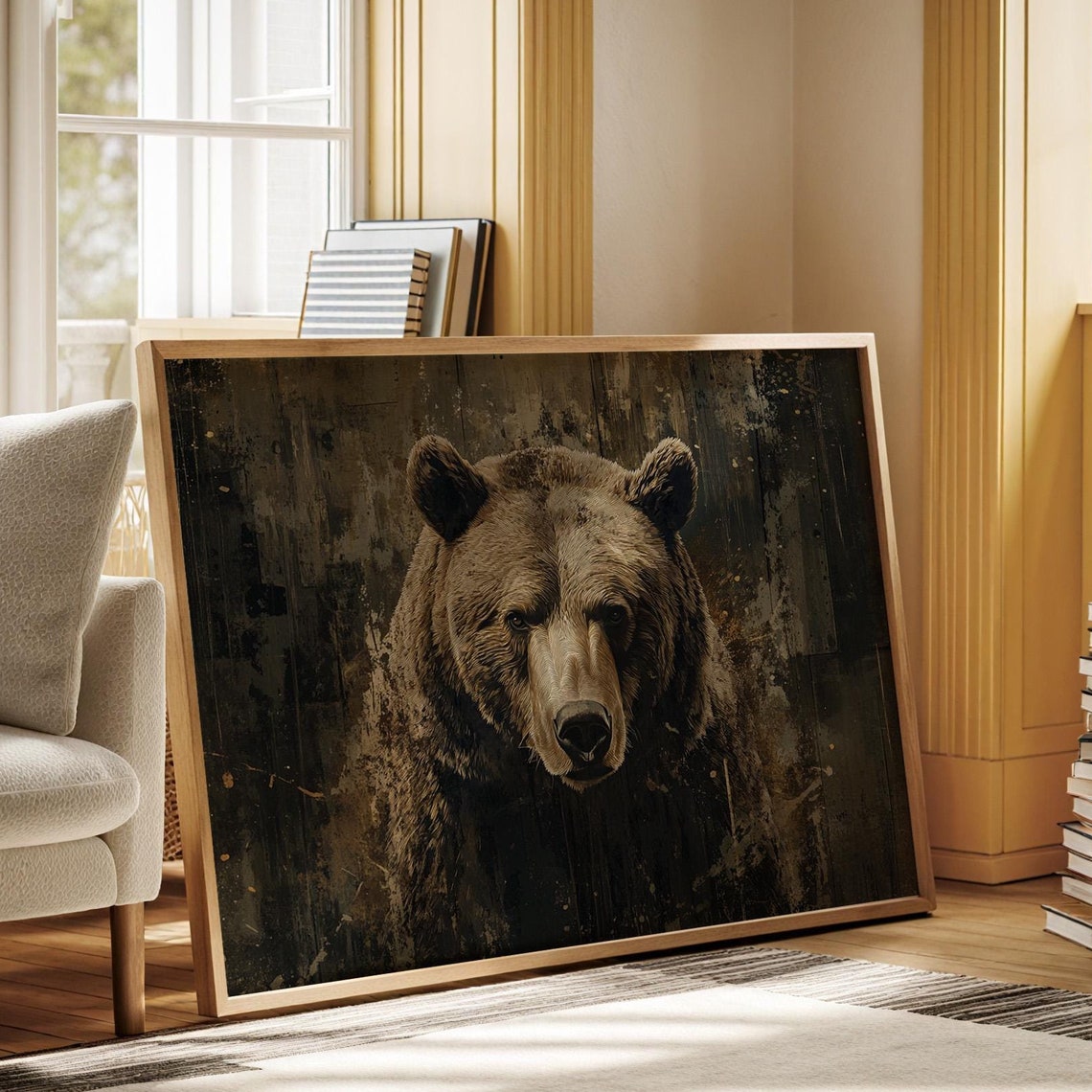 Grizzly Bear Dramatic Portrait Dark Rustic Cabin Wall Poster