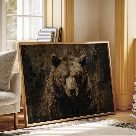 Grizzly Bear Dramatic Portrait Dark Rustic Cabin Wall Poster