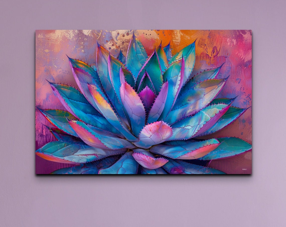 Vibrant Neon Blue Agave Succulent With Purple Pink Tones Wall Art
