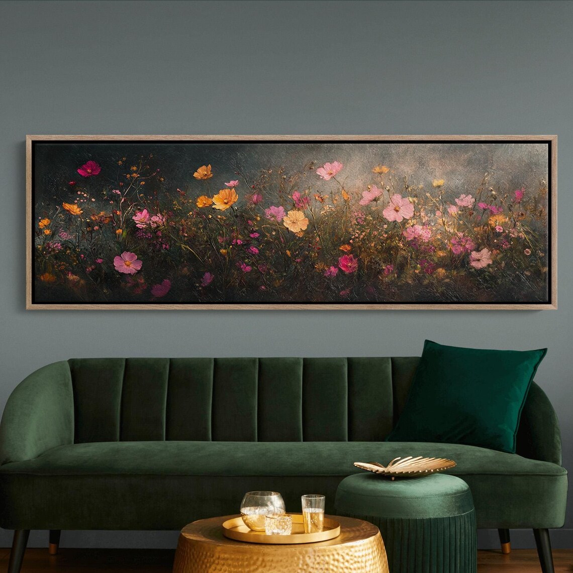 Dark Moody Wildflower Meadow Pink Blooms Night Floral Panoramic Poster - Image 6