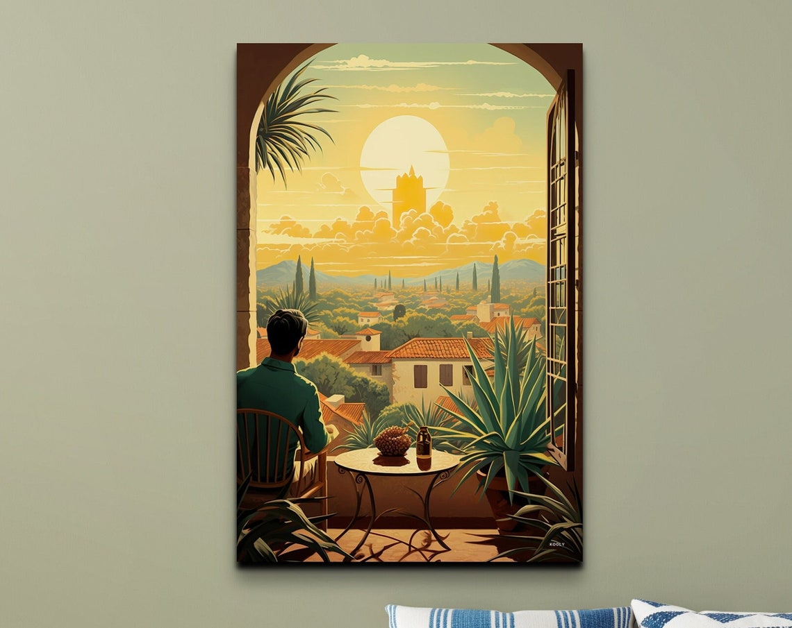 Sunlit Balcony Overlooking Mediterranean Old Town Scene Poster