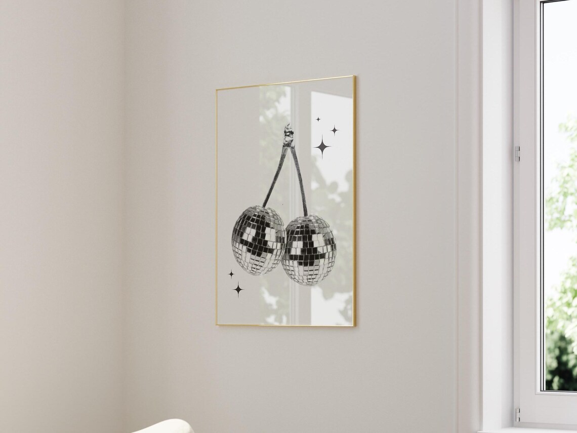 Disco Ball Cherries Black and White Sparkle Trendy Party Poster - Image 2