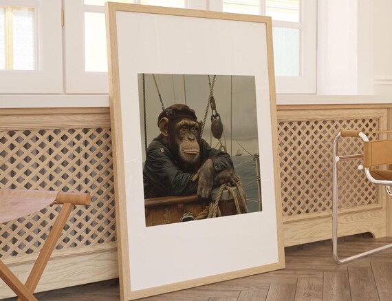 Nautical Chimpanzee Monkey On Toilet With Newspaper Victorian Funny Bathroom Print Animal In Boat Nursery Wall Art