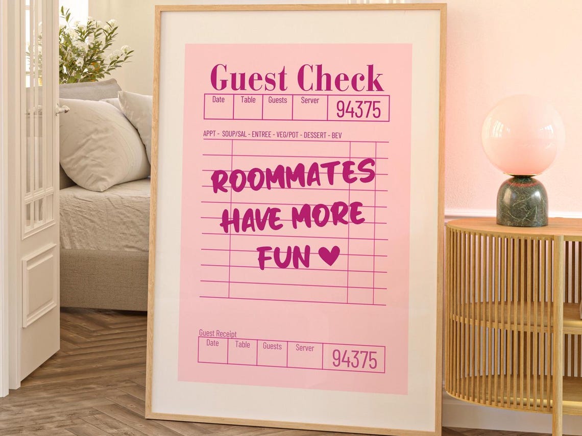 Roommates Have More Fun Pink Guest Check Retro Kitchen Poster