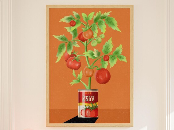Tomato Plant Sprouting From Vintage Soup Can Retro Kitchen Poster
