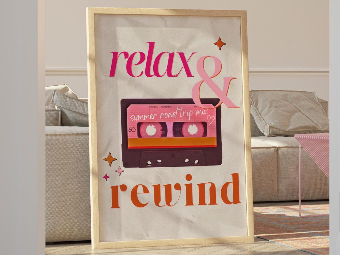 Relax And Rewind Pink Cassette Tape Summer Road Trip Mix Poster