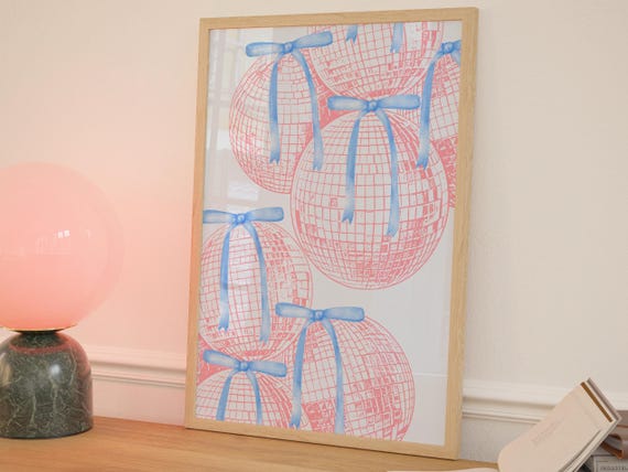 Girly Poster Blue And Pink Wall Art Trendy Disco Bows Decor Nursery Dorm Room Apartment