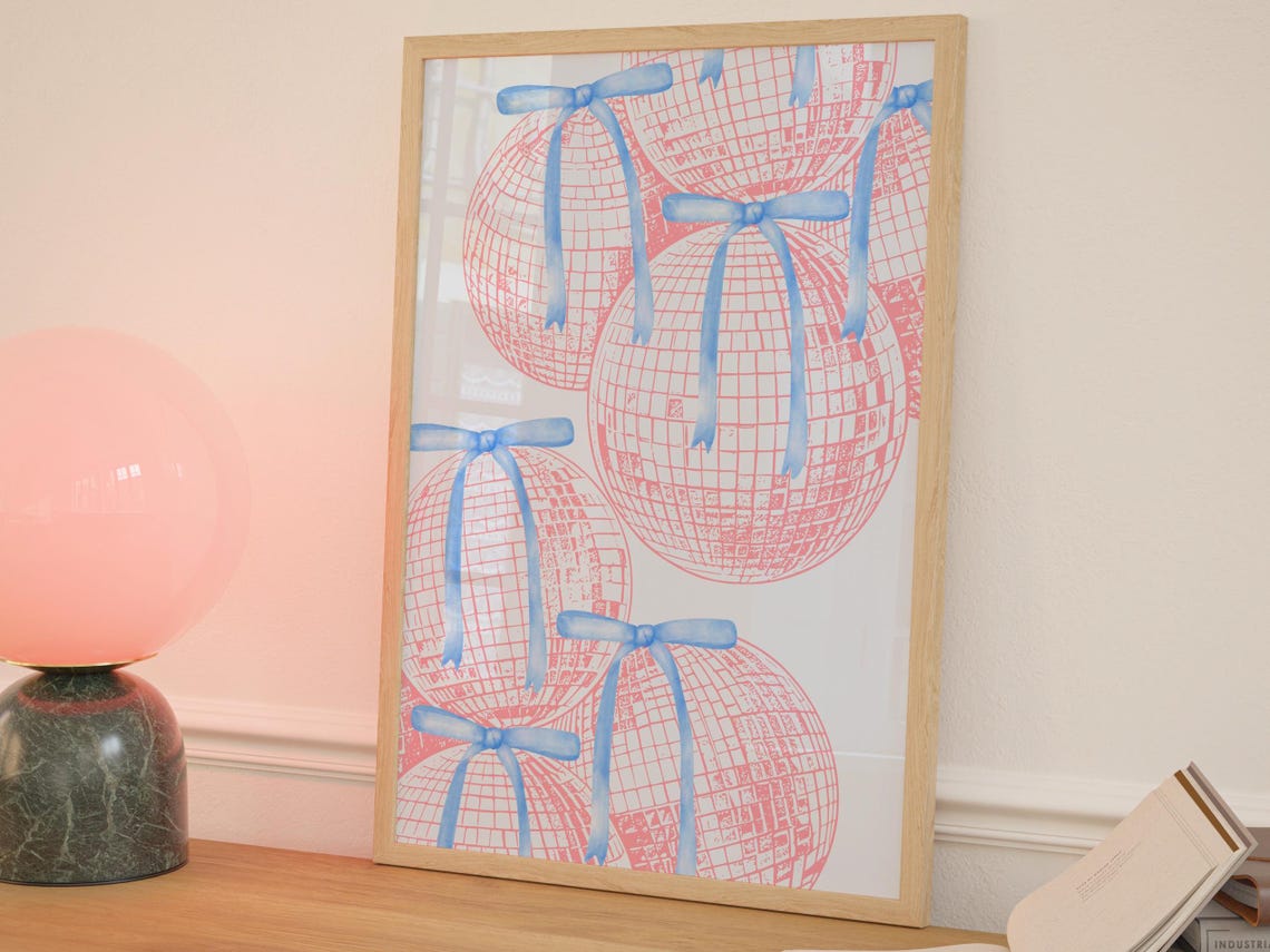 Cute Pink Disco Balls Blue Bows Coquette Party Style Wall Poster