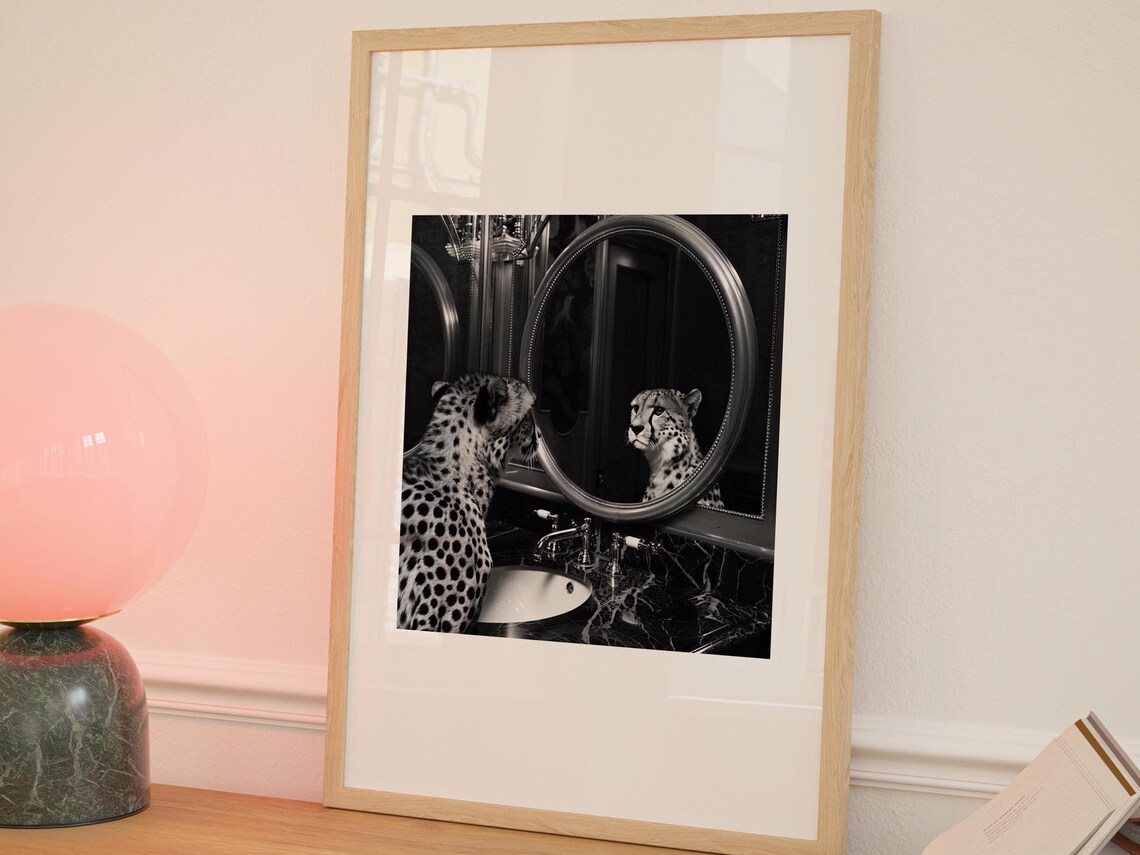 Cheetah Looking in Mirror Black White Surreal Wildlife Photography Poster