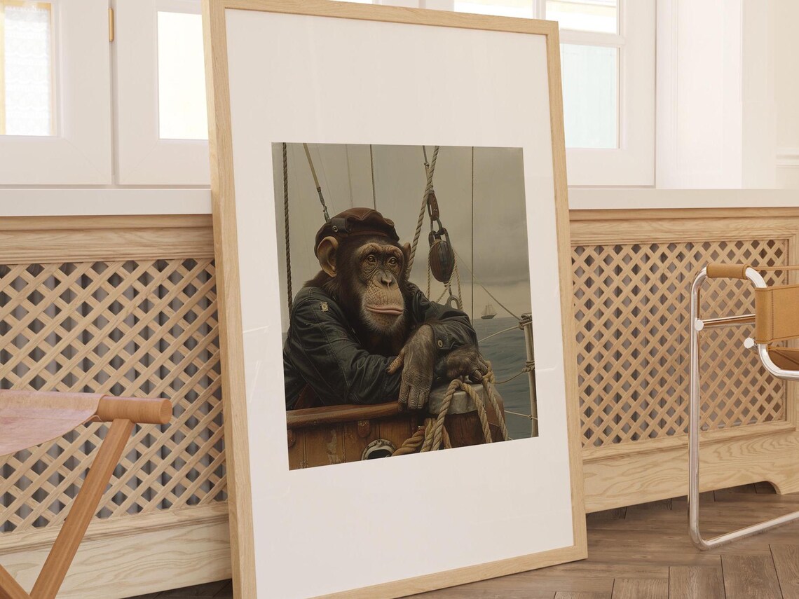 Nautical Chimpanzee On Toilet With Newspaper