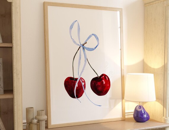 Cherry Watercolor Art Blue Bow Romantic Kitchen Decor Poster