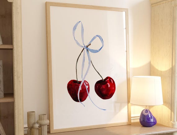 Coquette Room Decor Blue Bow Cherry Print Feminine Poster Wall Art Preppy College Dorm Unique Trendy Ribbon