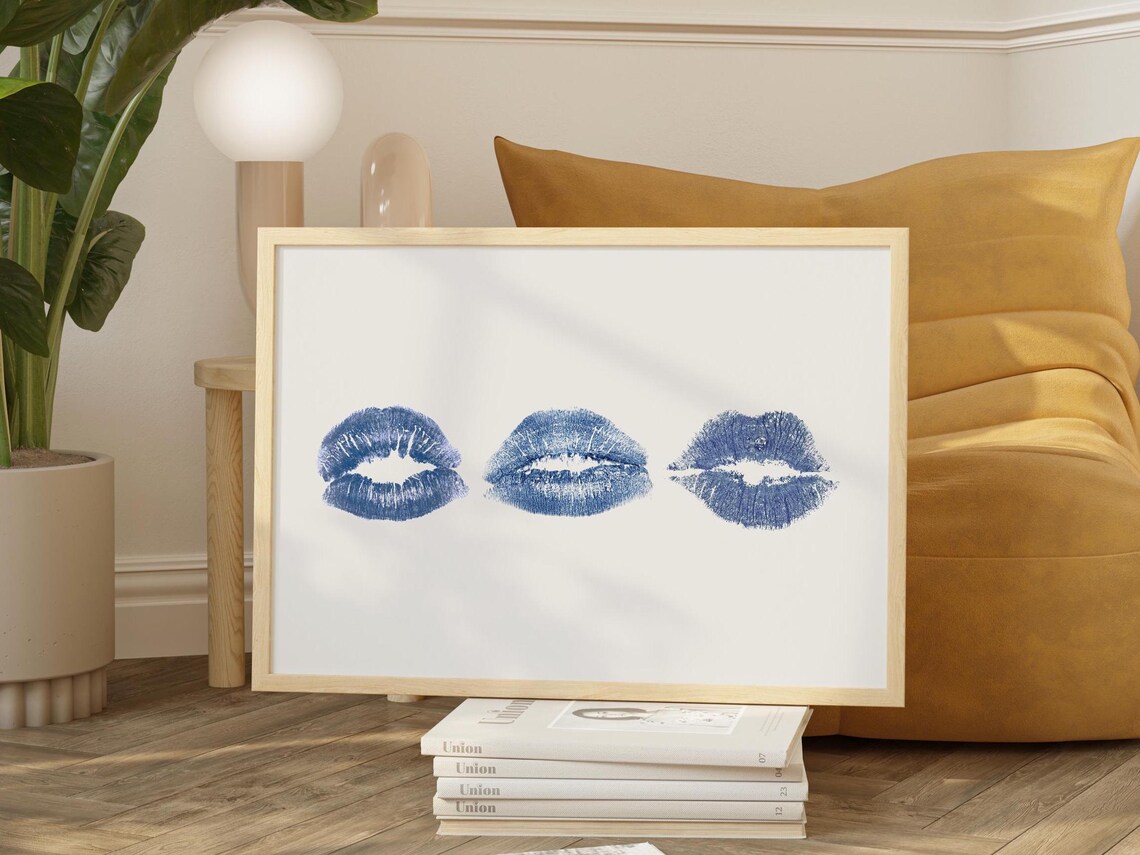 Navy Blue Lipstick Kiss Marks Trio Minimalist Trendy Bedroom Print