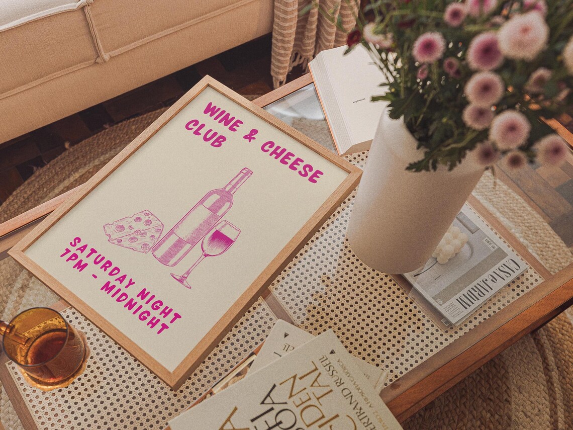 Wine And Cheese Club Pink Saturday Night Retro Kitchen Bar Poster - Image 3