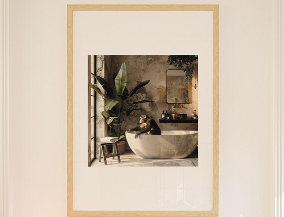Monkey Relaxing In Stone Bathtub Tropical Bathroom Funny Poster