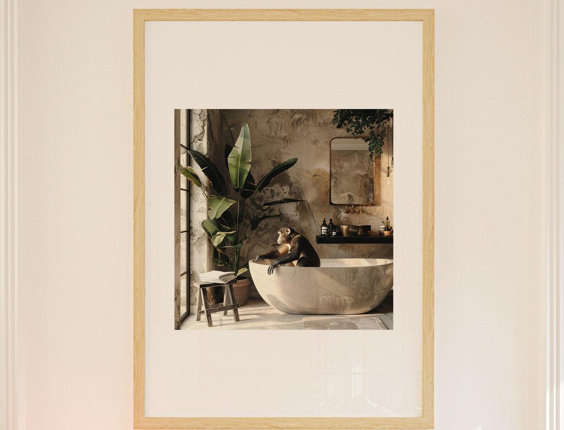 Monkey Relaxing In Stone Bathtub Tropical Bathroom Funny Poster