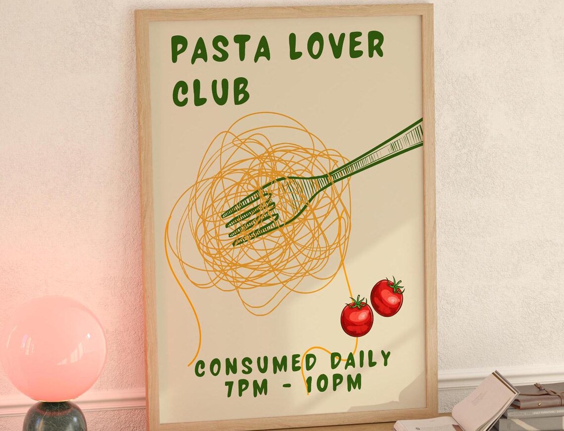 Pasta Lover Club Green Spaghetti Fork Retro Kitchen Food Poster