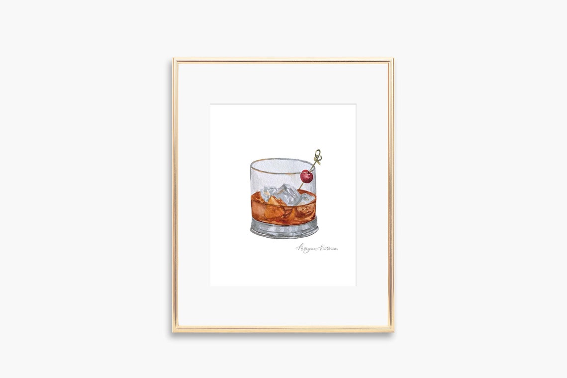 Old Fashioned Watercolor Drink Print, Bar Wall Art
