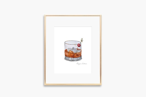 Old Fashioned Watercolor Drink Print, Bar Wall Art