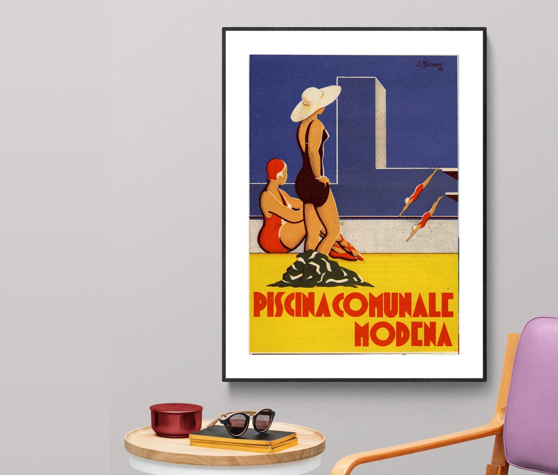 Piscina Comunale Modena Art Deco Pool Swimmers Vintage Poster