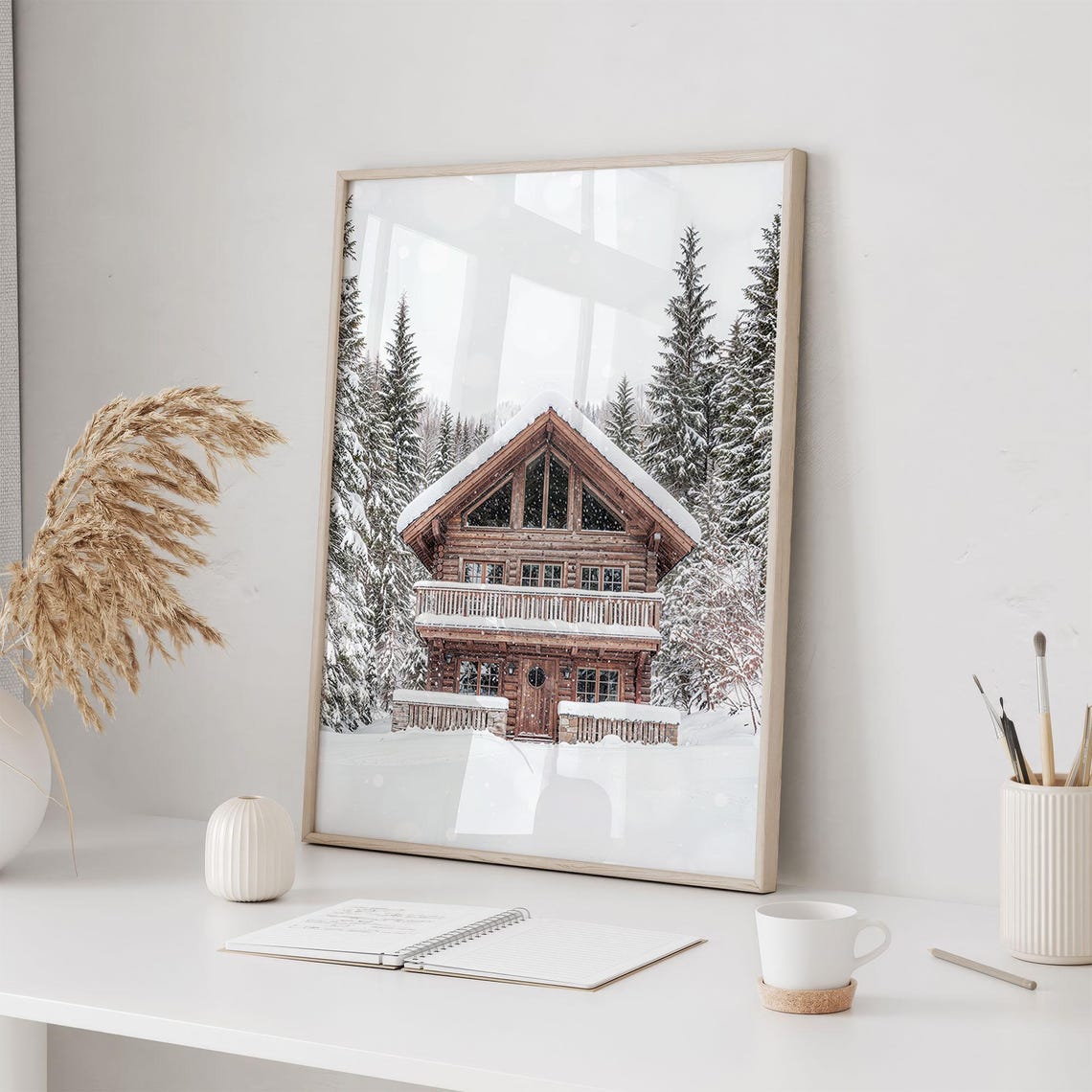 Snow Covered Log Cabin in Pine Forest Winter Photo Art Print - Image 2