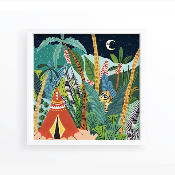 Tiger Botanical Illustration Art Print, Safari Jungle