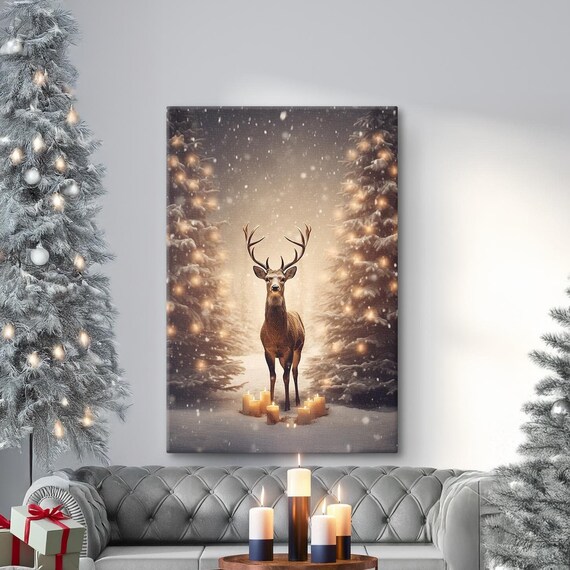 Christmas Reindeer Stag Snowy Forest Candlelight Canvas Wall Art