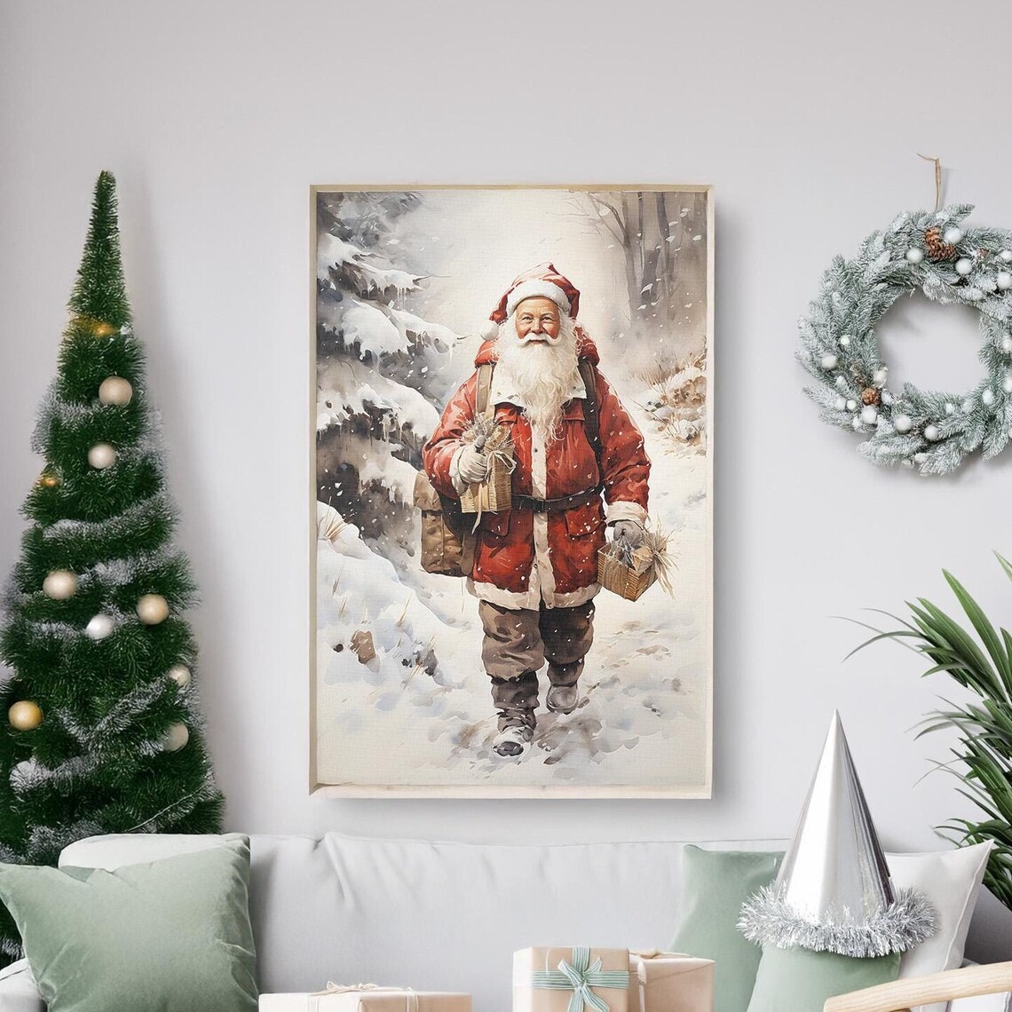 Santa Claus Walking Winter Forest Snow Watercolor Christmas Poster
