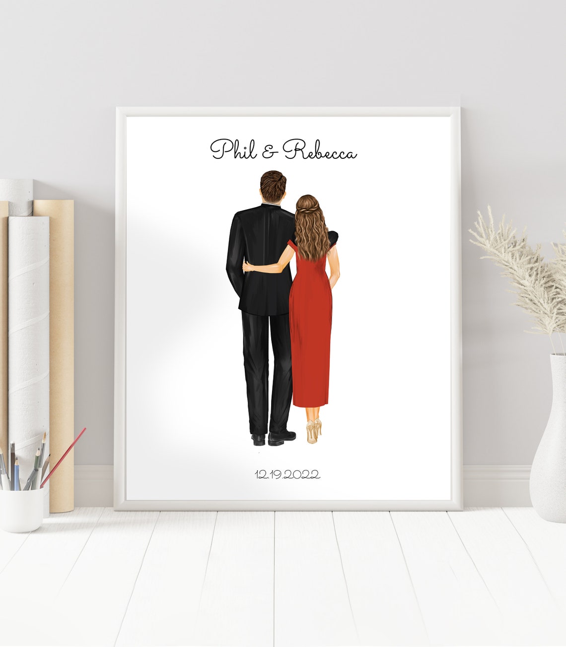 Personalized Couple Portrait With Names and Wedding Date Poster