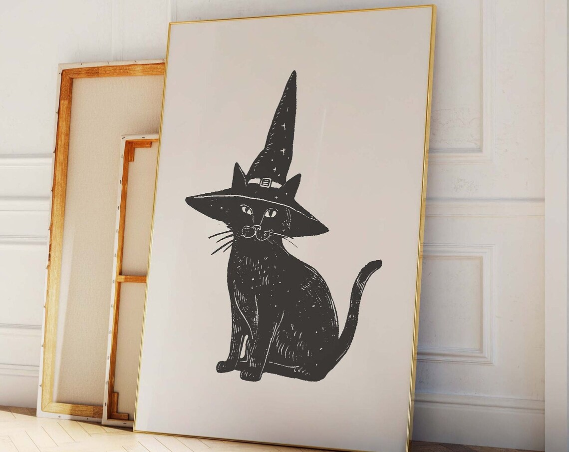Black Cat Witch Hat Block Style Vintage Halloween Cat Art Poster - Image 7