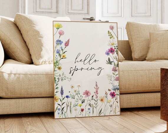 Hello Spring Watercolor Wildflowers Pink Yellow Floral Botanical Poster