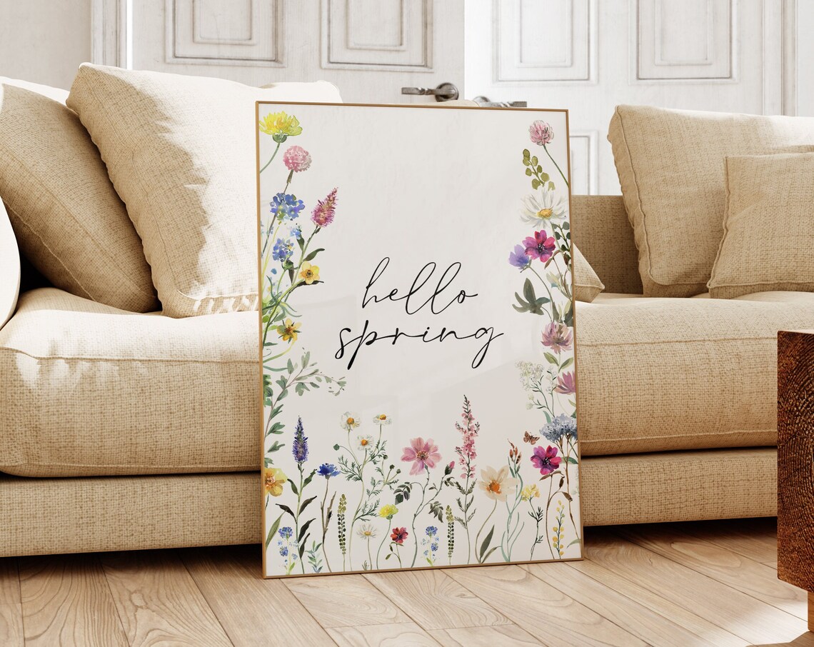 Hello Spring Watercolor Wildflowers Pink Yellow Floral Botanical Poster