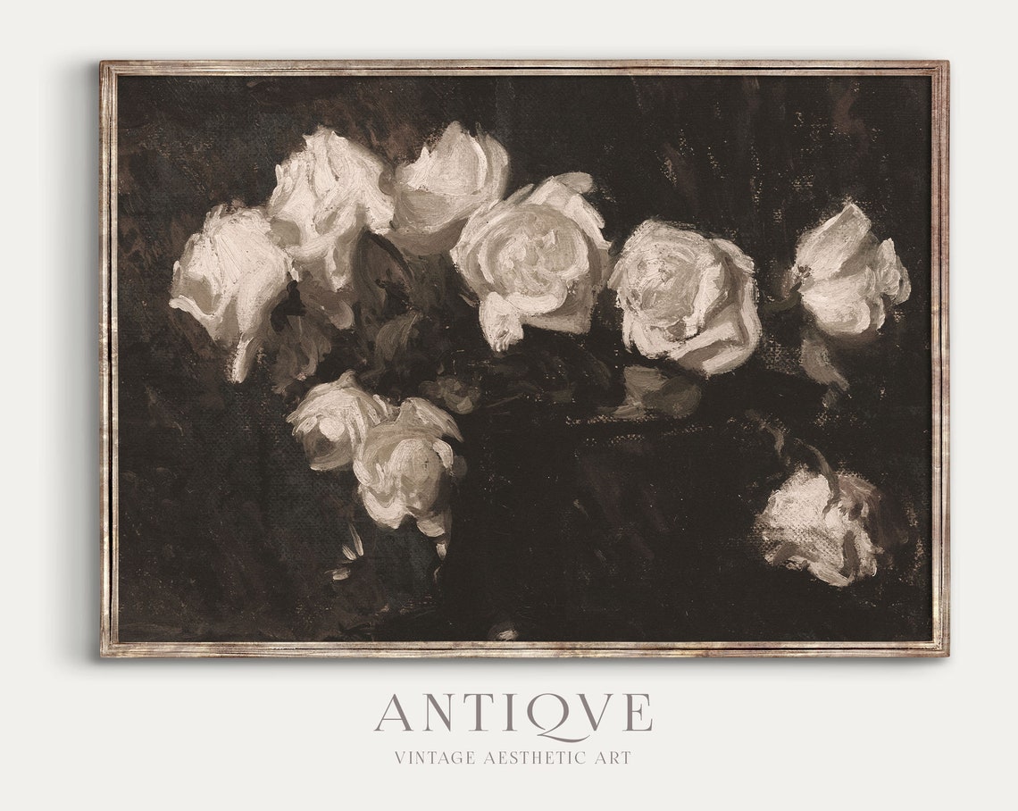 White Roses Dark Background Chiaroscuro Vintage Flower Print
