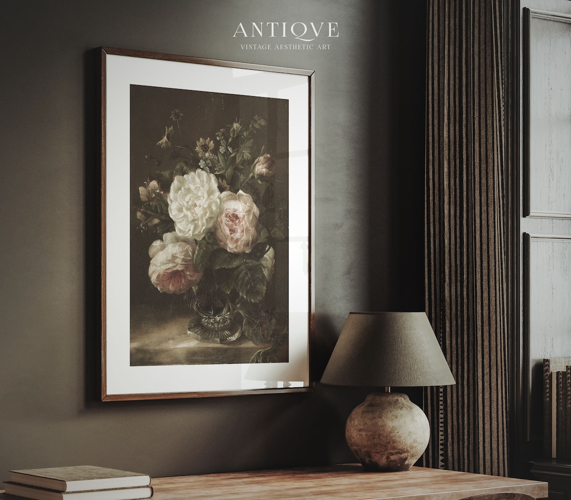 Moody Vintage Still Life Floral Oil Painting Art Print - Image 3