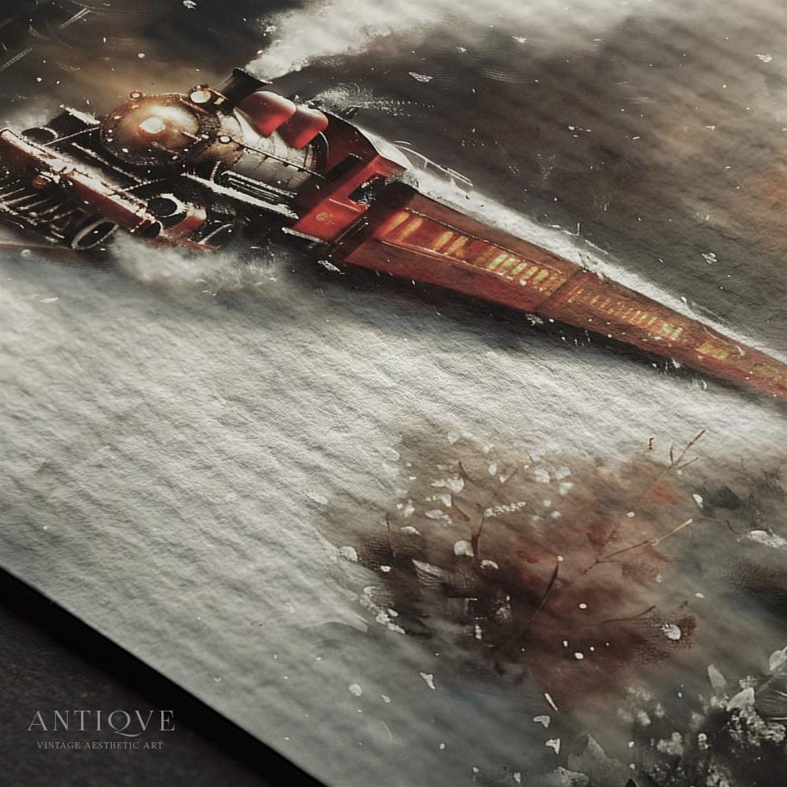 Red Vintage Steam Train In Snowy Forest Winter Landscape Poster - Image 3