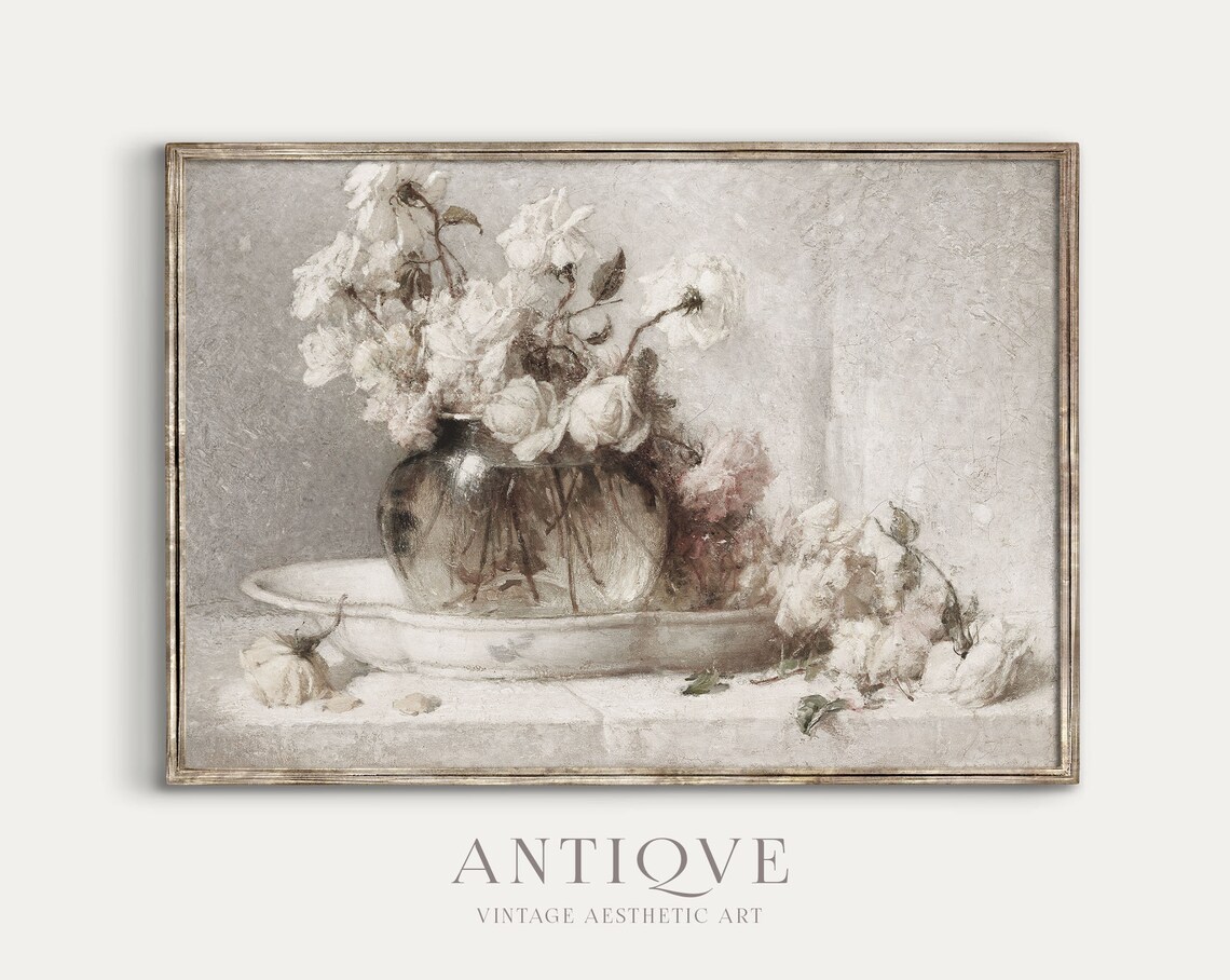 Clear Still Life White Roses In Glass Vase, Art Print