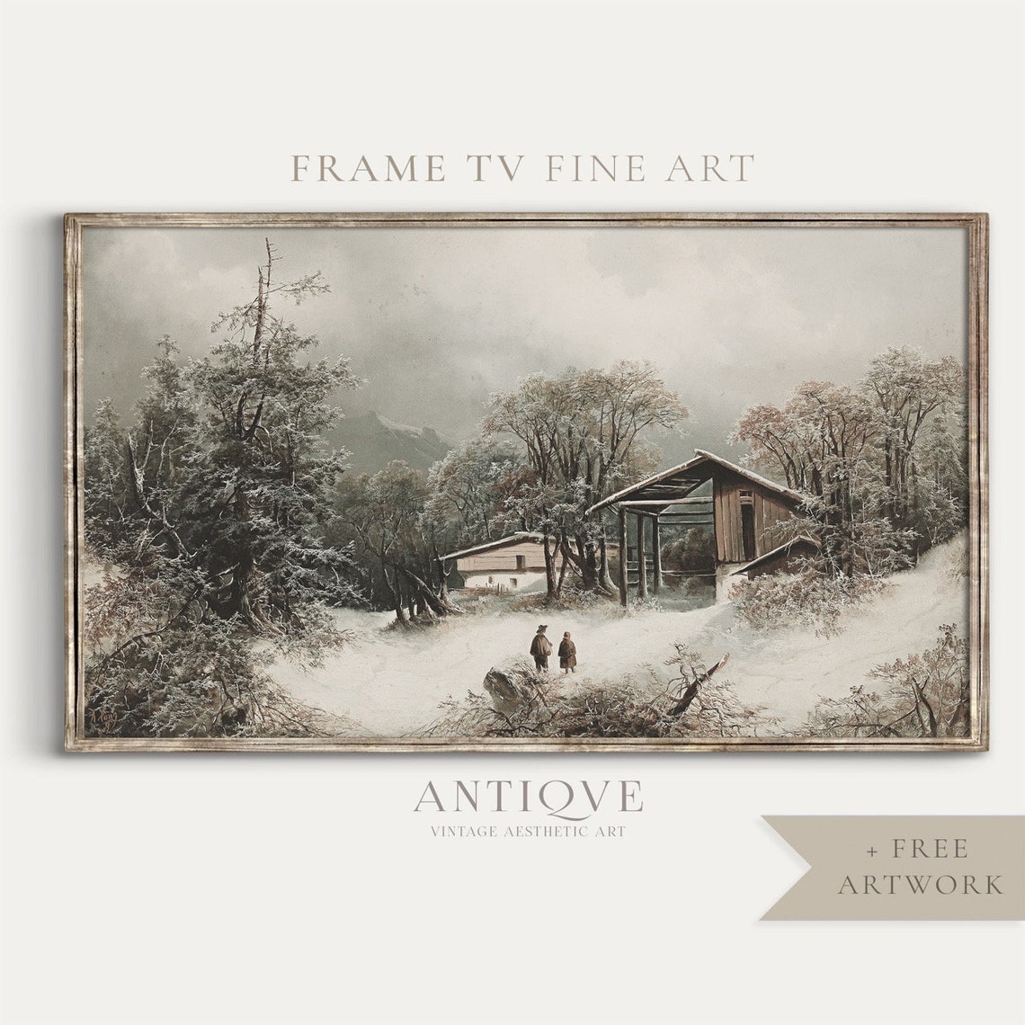 Antique Winter Cabin in Snow Vintage Mountain Landscape Art Print