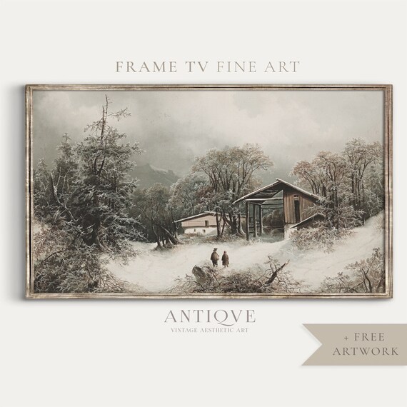 Antique Winter Cabin in Snow Vintage Mountain Landscape Art Print