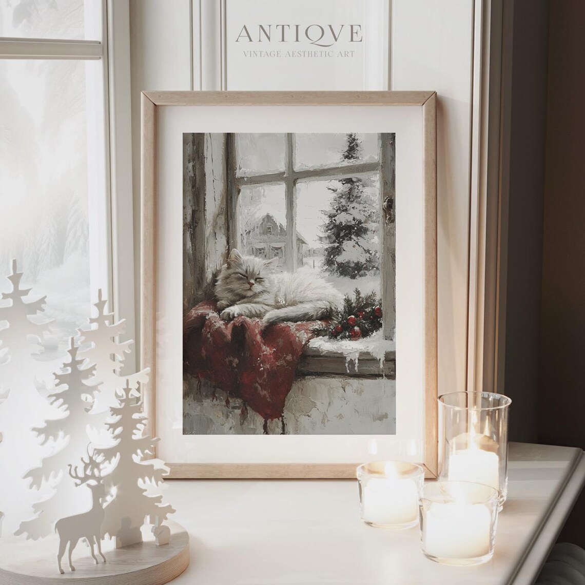 Winter White Cat Print, Cozy Rustic Farmhouse - Image 4
