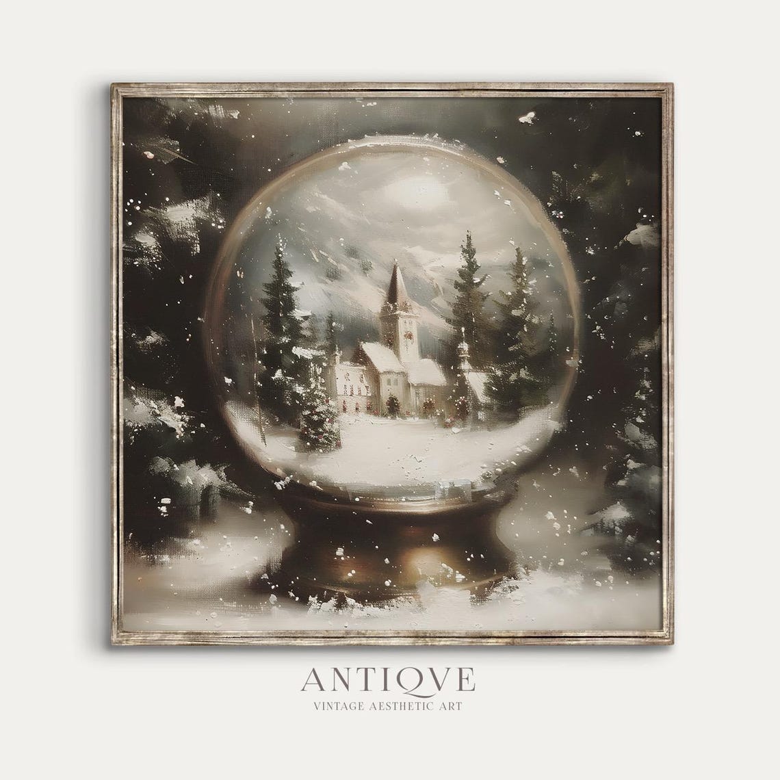 Vintage Snow Globe With Church In Snowy Forest Christmas Art Poster